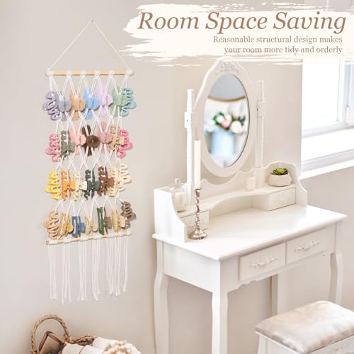 SNOWSTAR Macrame Claw Clip Organizer - 4-Tier Hanging Hair Clip Holder, White
