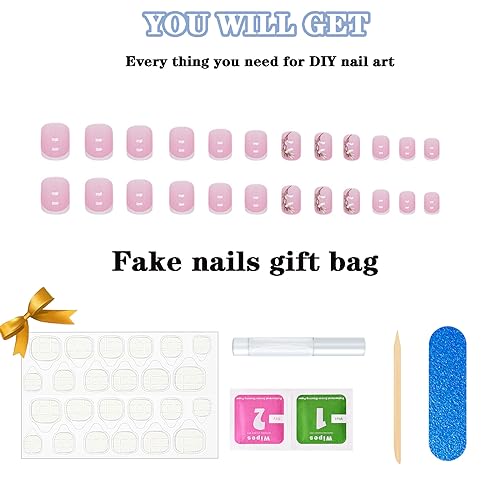 Short French Tip Press on Nails with Pink Flower Design False Nails