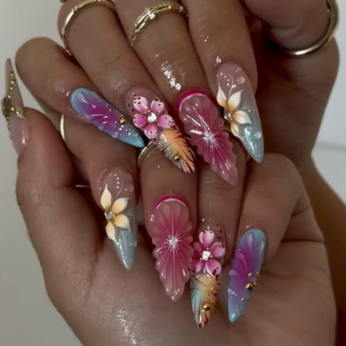 ZIFANHU Medium Almond Press on Nails 3D Flower Fake Nails Gradient Acrylic