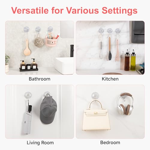 ANDGOO 4 Pack Clear Suction Cup Hooks for Shower, Holds up to 11 lbs, Reusable Bathroom Organizer
