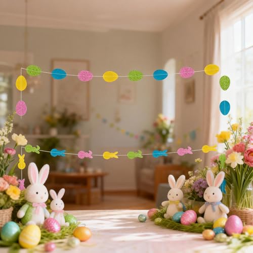 Easter Bunny and Egg Garland Decorations - 4.9FT Glitter Party Banner 2-Pack