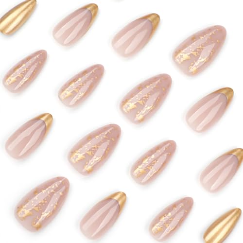 French Tip Press on Nails Medium Almond Gold Foil Fake Nails 24PCS
