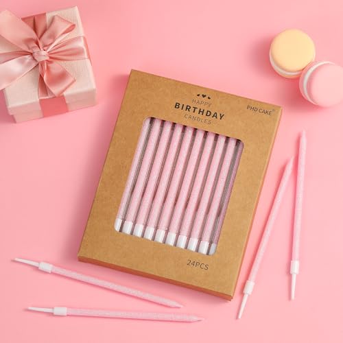 Iridescent Pink Long Thin Birthday Candles - 24 Pack