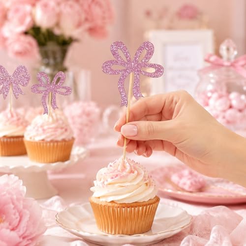 24 Pink Bow Cupcake Toppers - Pre-Assembled Party Decorations