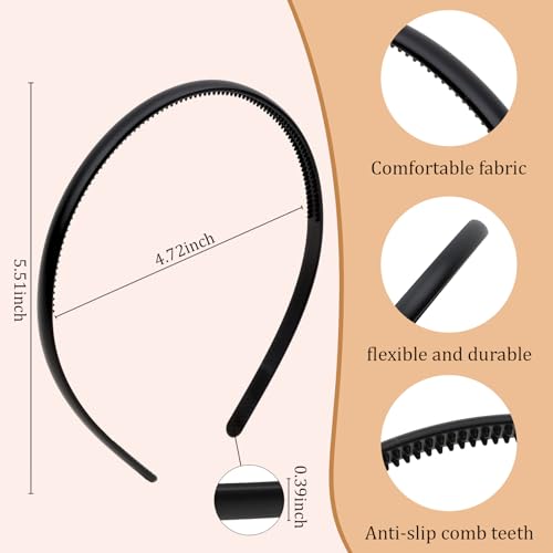 Uintoon 6Pcs Black Non-Slip Thin Plastic Headbands with Teeth for Women