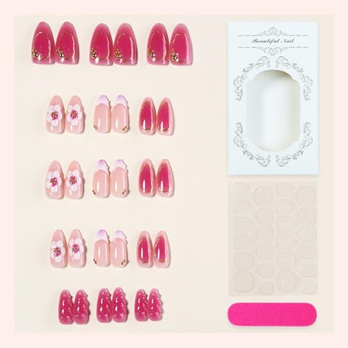 Octoswave Medium Almond Press on Nails Pink Artificial Nails with Flowers 30pcs