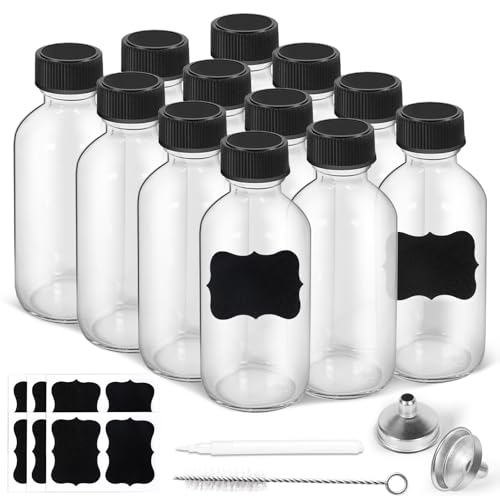 Wewymewo 12-Pack 2oz Small Glass Boston Round Bottles with Lids & Accessories