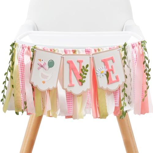 Silly Goose High Chair Banner for Baby Girl's 1st Birthday - Pink & Gold