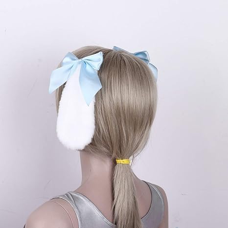 Blue Bunny Ear Hair Clips with Bow-Knot Plush Furry Hairpins 2-Pack