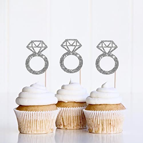 CloverCrafts 12 Glitter Diamond Ring Cupcake Toppers - 2" for Bachelorette & Bridal Showers