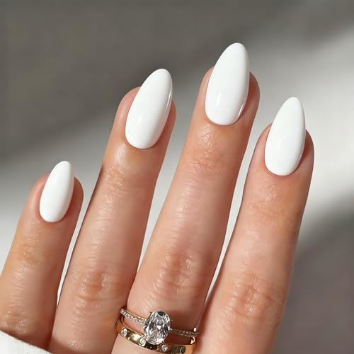 AddFavor Short Almond Press on Nails White Glossy Fake Nails Kit