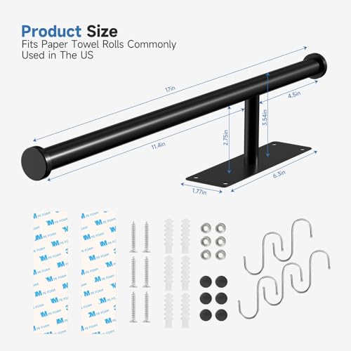 TONHTCAT Black Under Cabinet Paper Towel Holder with 5 Hooks & Extended Arm