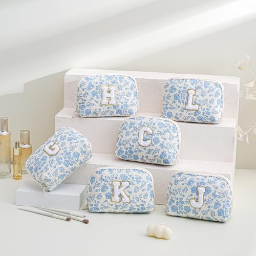 JOVAKIT Blue Floral Initial Makeup Bag - Letter K Travel Pouch