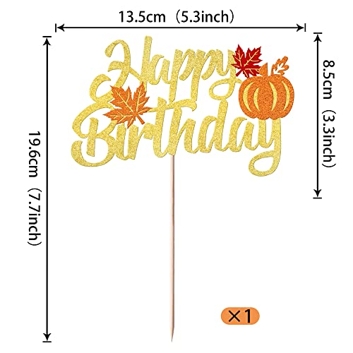 Happy Birthday Cake Topper - Glitter Pumpkin & Maple Leaf Decoration