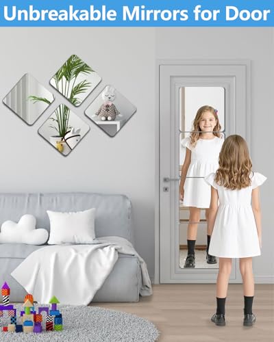 Unbreakable Self-Adhesive Mirror Tiles - 4PCS 8"x8" for Kids