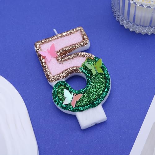 Ritzephyria Butterfly Number 5 Birthday Candle Pink & Green Glitter Cake Topper