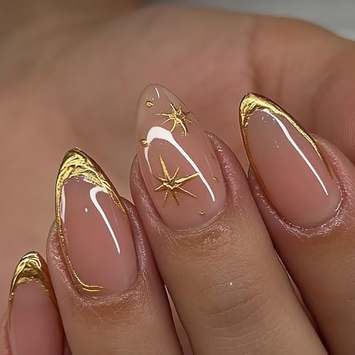 Nude Gold French Star Press On Nails Almond Glossy False Nails