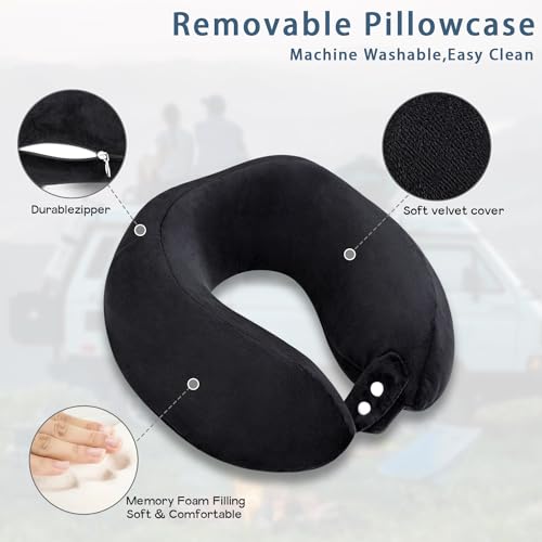 Black Memory Foam Neck Pillow for Travel & Airplane Comfort