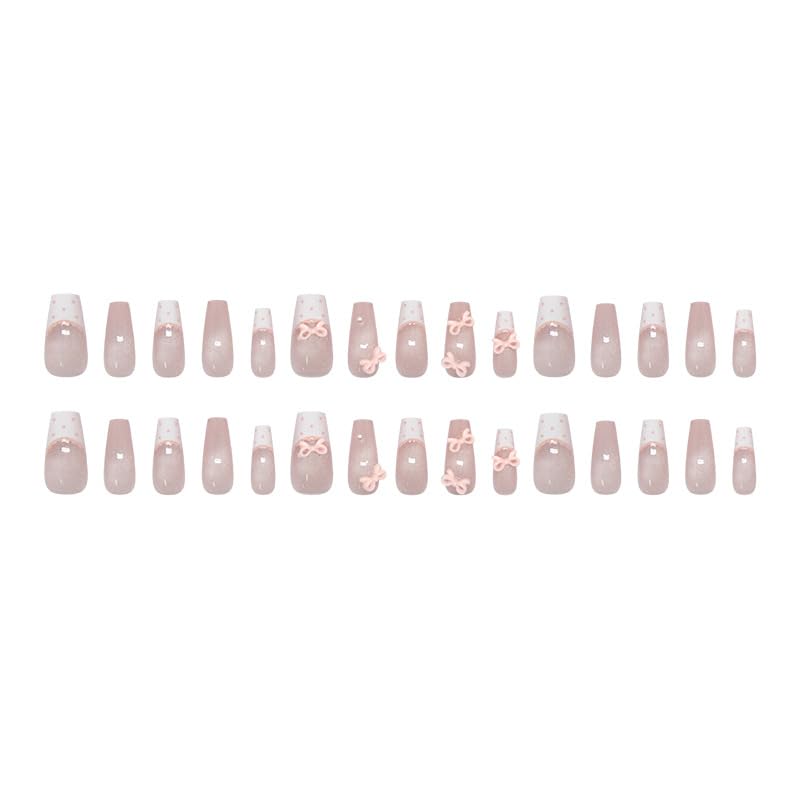 Valentine Press on Nails Medium Square White French Tip with Bow and Heart Rhinestones