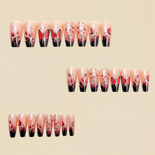 Red Butterfly Floral Press on Nails Medium Coffin French Tip Acrylic False Nails