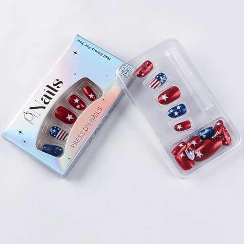 BYJKYEN 4th of July Press on Nails Short Almond Patriotic Fake Nails