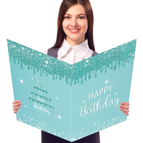 CHUNNIN Teal Silver Jumbo Birthday Guest Book & Greeting Card Set with Envelope — Large Celebration Keepsake