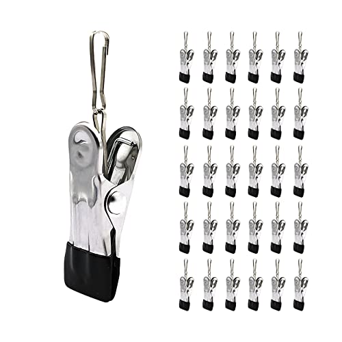 BERYLER Stainless Steel Clothes Pins with Hooks - 30 Pack, Rubber-Tip