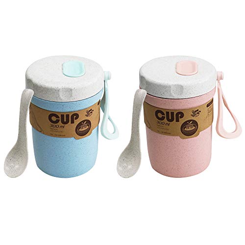 LZYMSZ Wheat Straw Soup Cups Set - 300ml Portable Lunch Box with Spoon (Blue & Pink)