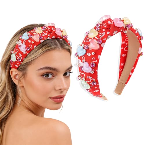 Valentines Knotted Headband for Women Pearl Rhinestone Red Hair Band