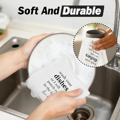 Funny Kitchen Dish Towels - 'Wash Dishes or I Will Punch You' 16x24 Inch