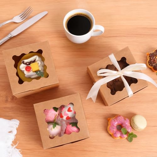 Moretoes 4x4x2.5-Inch Brown Kraft Cookie Boxes with Window - 24 Pack