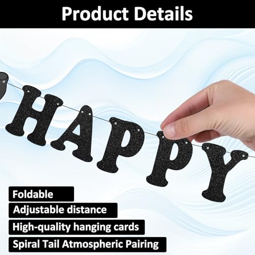 Black Happy Birthday Banner with Hanging Bow Swirls Decor