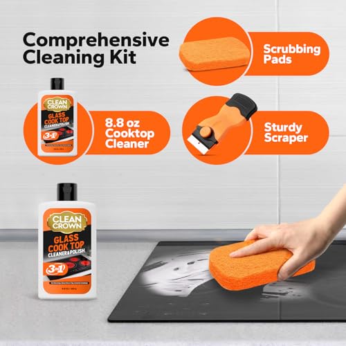 CleanCrown 3-in-1 Cooktop Cleaner Kit, 8.8 Oz - Glass & Ceramic Stove Cleaner