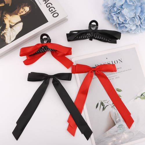 Ahoney 4 Pack Black and Red Satin Hair Bows with Long Tails and Clips