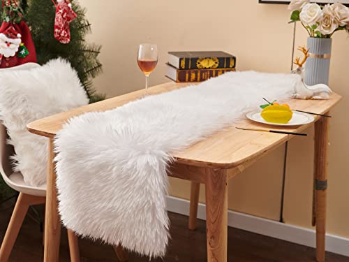 White Faux Fur Table Runner for Dresser or Dining Table - 11.8x70.8 Inch