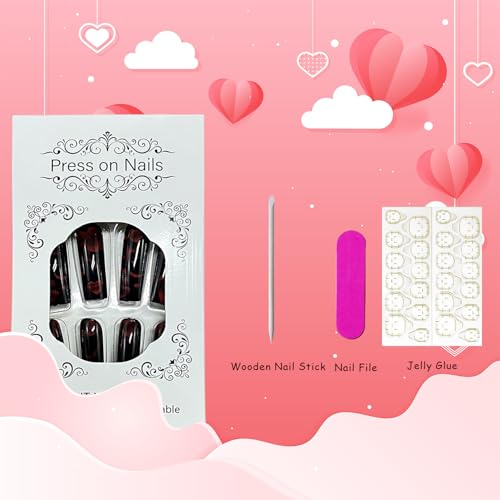 Valentine's Press on Nails Long Square Red Heart Fake Nails Glossy Black