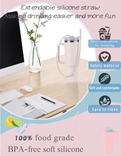 Light Pink & Gray Extendable Silicone Straws for Stanley Cup, 2 Pack 35"