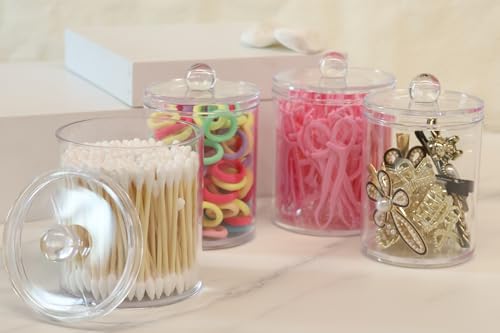 Aynoo 12 oz Acrylic Qtip Holder Dispenser Canister with Lid - Clear, Stackable Bathroom Organizer (1 Pack, 2.7 inches)