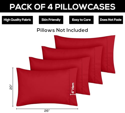 Utopia Bedding Standard Pillow Cases, Ultra Soft Brushed Microfiber, Red, 4-Pack