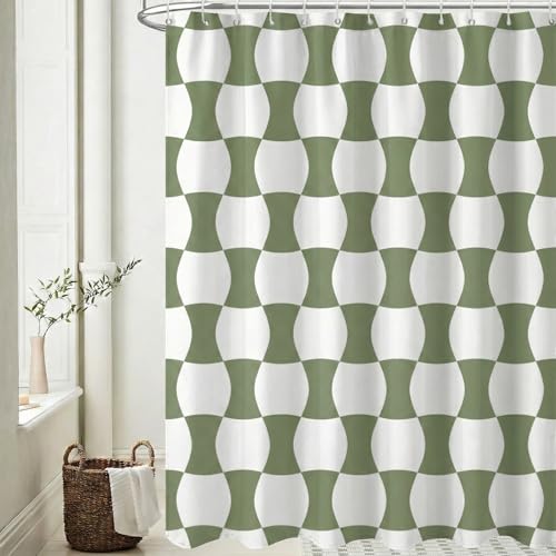 Sage Green Wave Checkered Shower Curtain 72x72 with Hooks - Vintage Boho Aesthetic