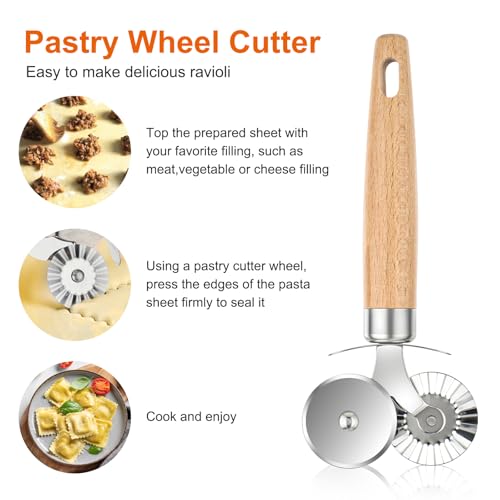 Double Wheel Pastry Cutter with Wooden Handle for Pizza & Cookies