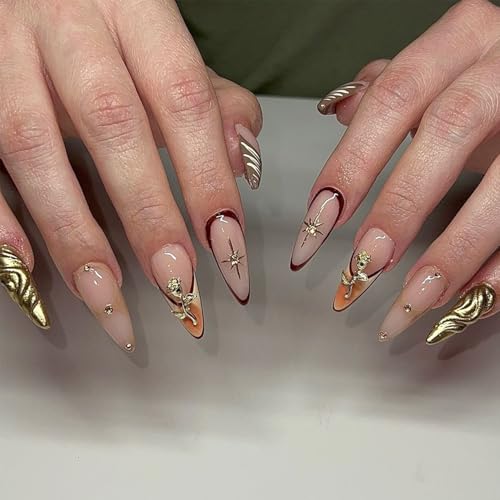 BUNLVDI Medium Almond Press on Nails French Tip Metal Star Fake Nails