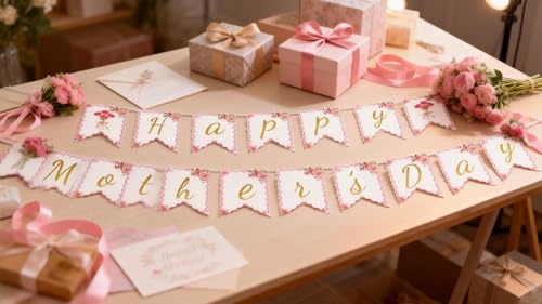 Happy Mother's Day Floral Banner with Gold Glitter Letters