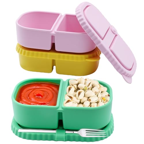 Reusable Silicone Snack Containers with Lids - 3 Pack Double Compartment