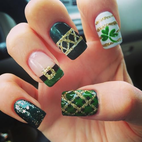 Green Press on Nails Medium Square Fake Nails with Gold Glitter 24pcs