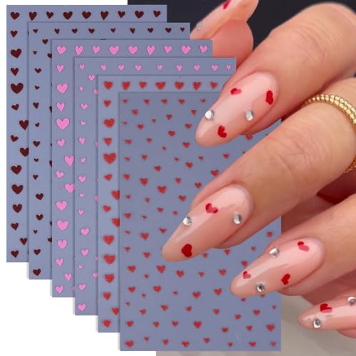 ZOAZJINAZ 6 Sheets 3D Heart Nail Stickers Colorful Decals for DIY Manicure