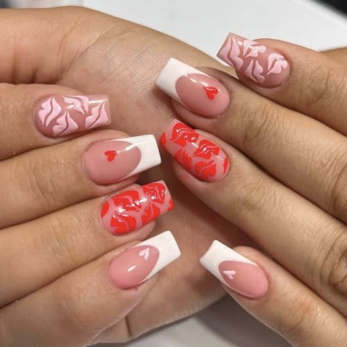 Valentine Press on Nails Medium Square French Tip Glossy Fake Nails