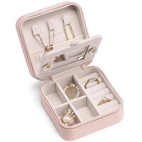 VLANDO Travel Jewelry Box Organizer - Compact Pink Case with Mirror