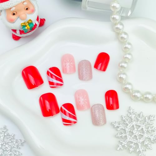 VGNRAR Christmas Press on Nails Short Square Snowflake False Nails