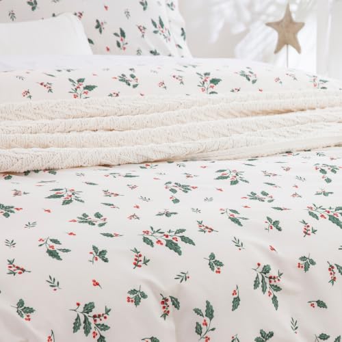 Full Size 82x86 Holiday Christmas Duvet Cover Set - Holly Berries Pattern, 100% Cotton
